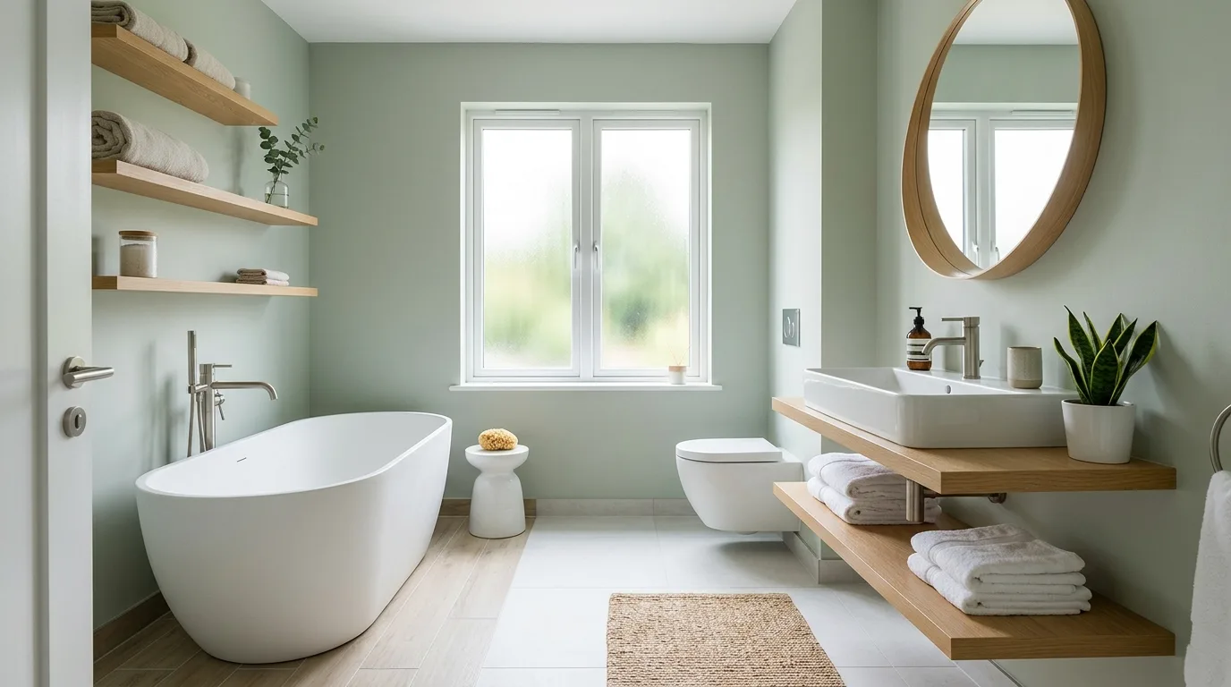 Create a spa feel with stone and muted green inspiration for a green bathroom.
